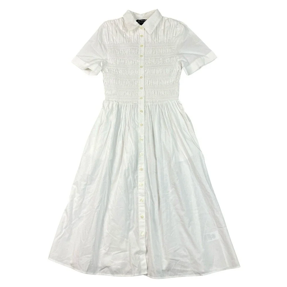 J Crew Petite Elsie Shirt Dress Womens SP White Cotton Poplin Smocked Button Up